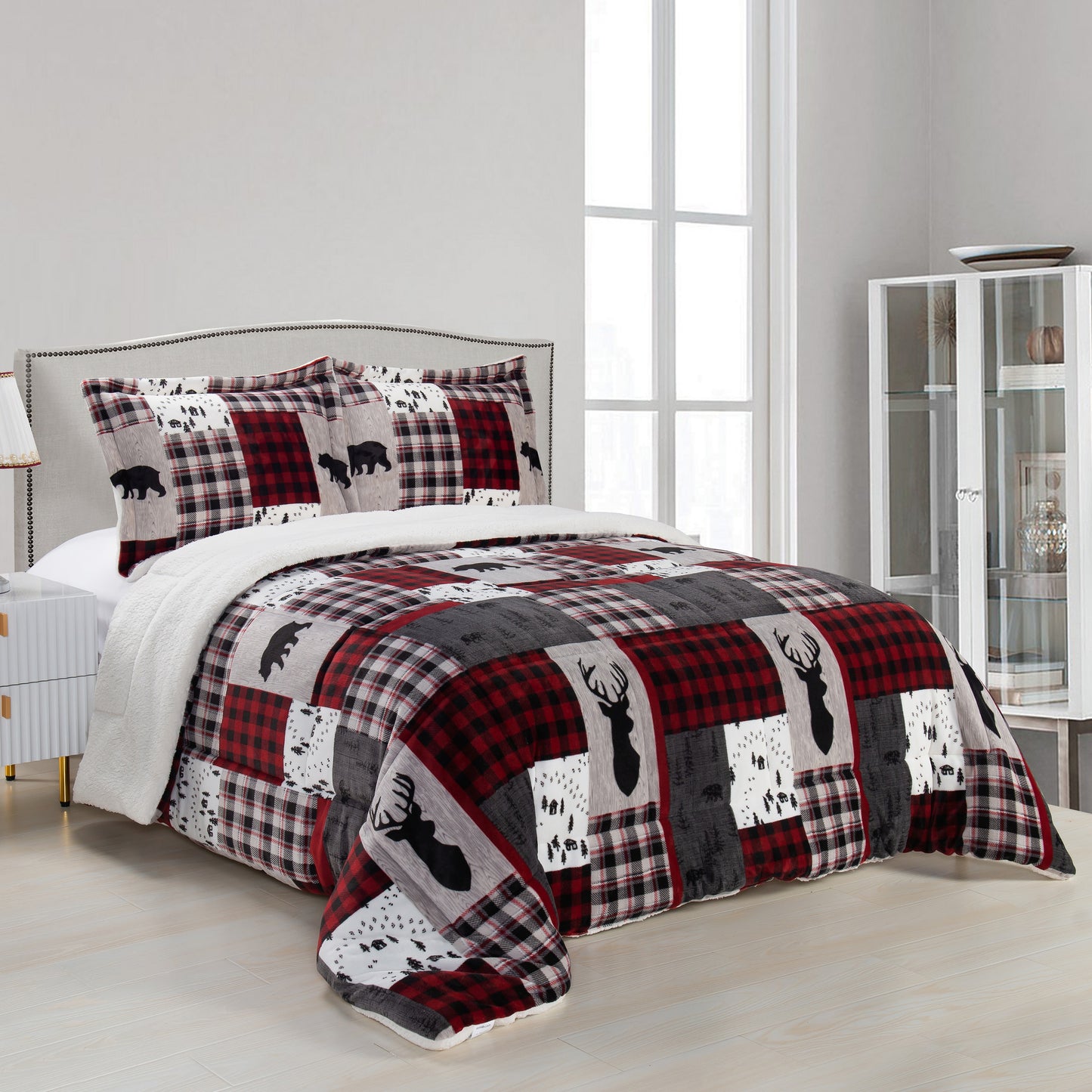 Elegant Comfort 3-Piece Patch Micro-Suede Reversible Sherpa - Comforter Set