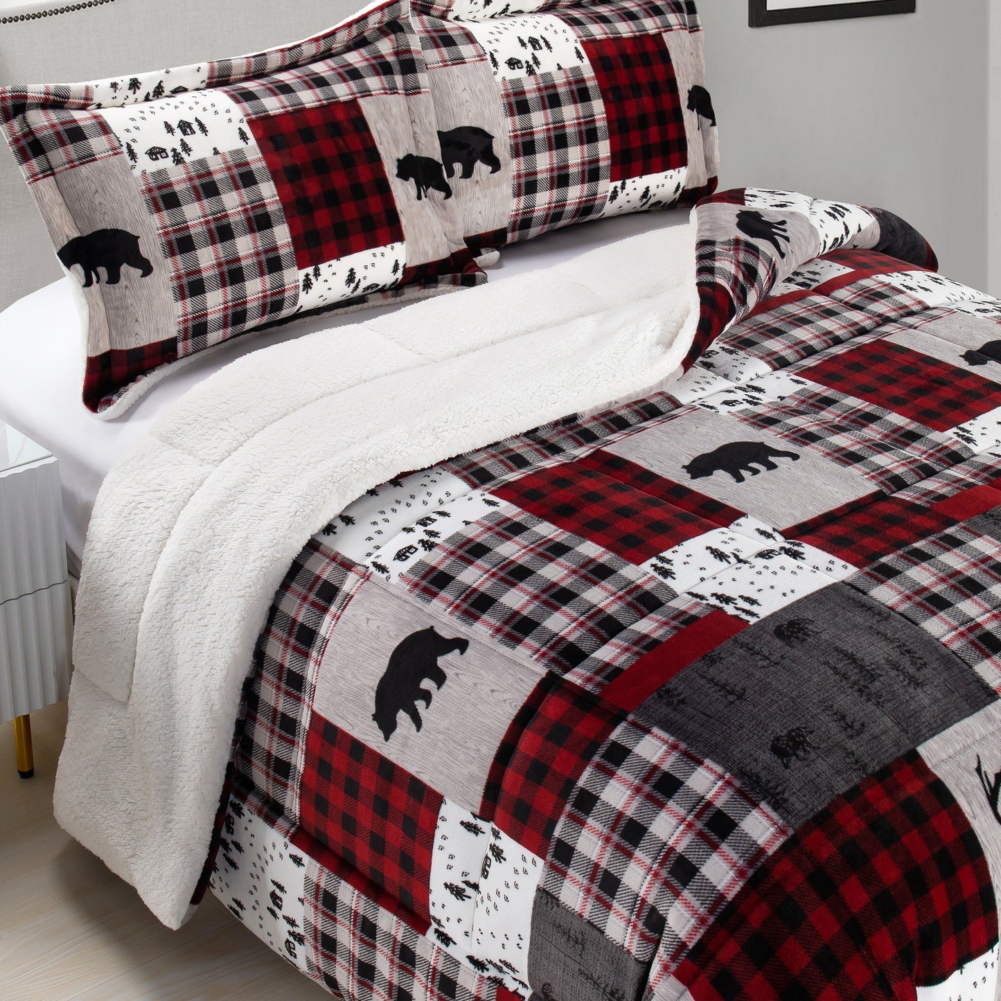 Elegant Comfort 3-Piece Patch Micro-Suede Reversible Sherpa - Comforter Set