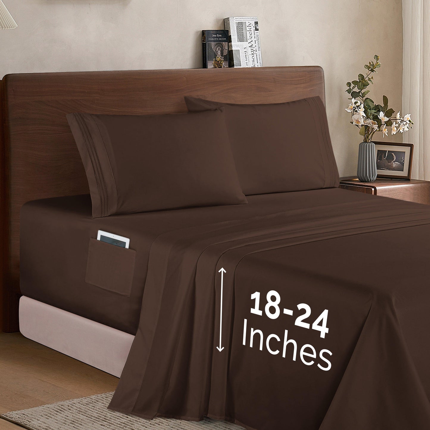 Elegant Comfort Extra deep 18-24 Inch Pocket 3 Line Embroidery, 4-Piece Sheet Set, Moody Shades