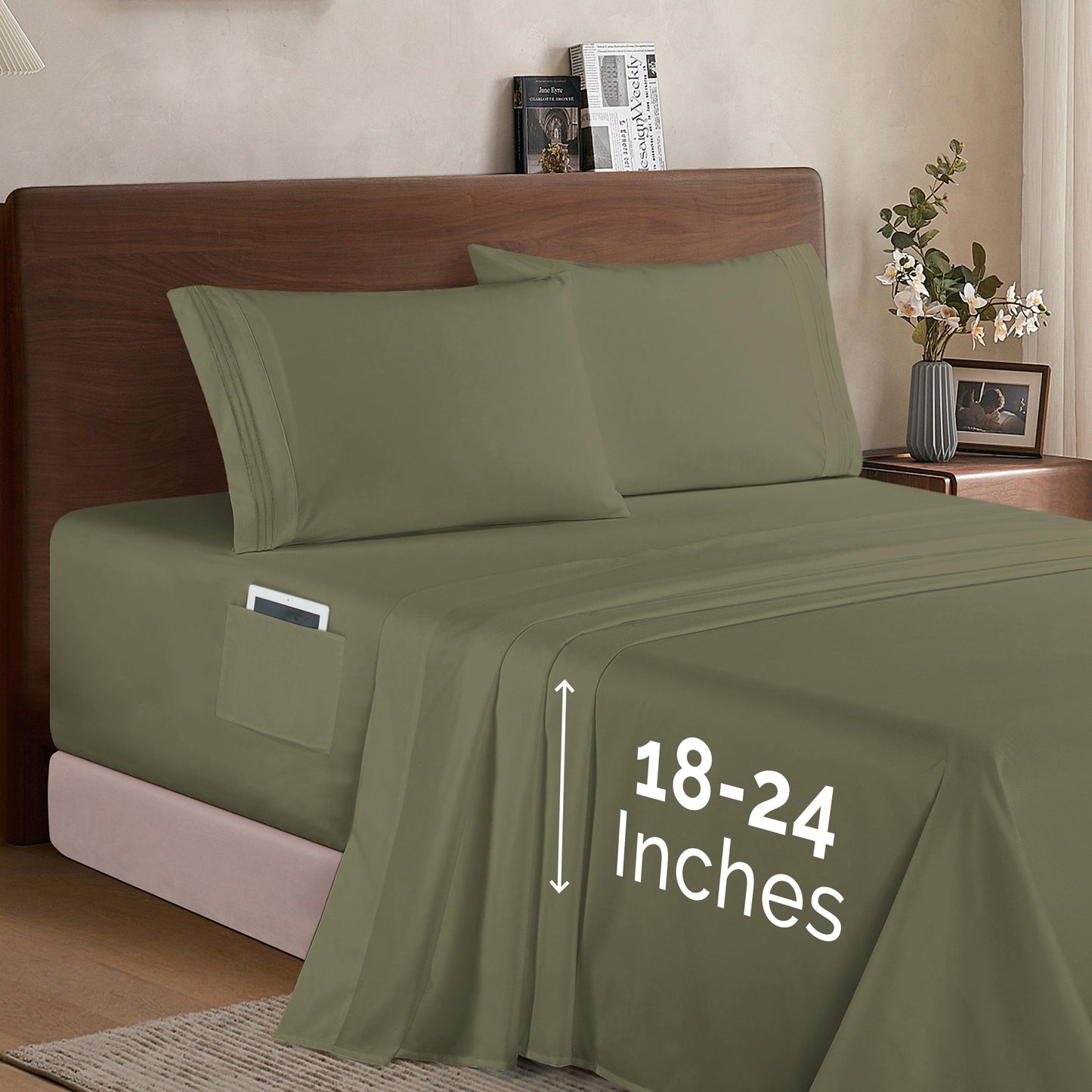 Elegant Comfort Extra deep 18-24 Inch Pocket 3 Line Embroidery, 4-Piece Sheet Set, Moody Shades