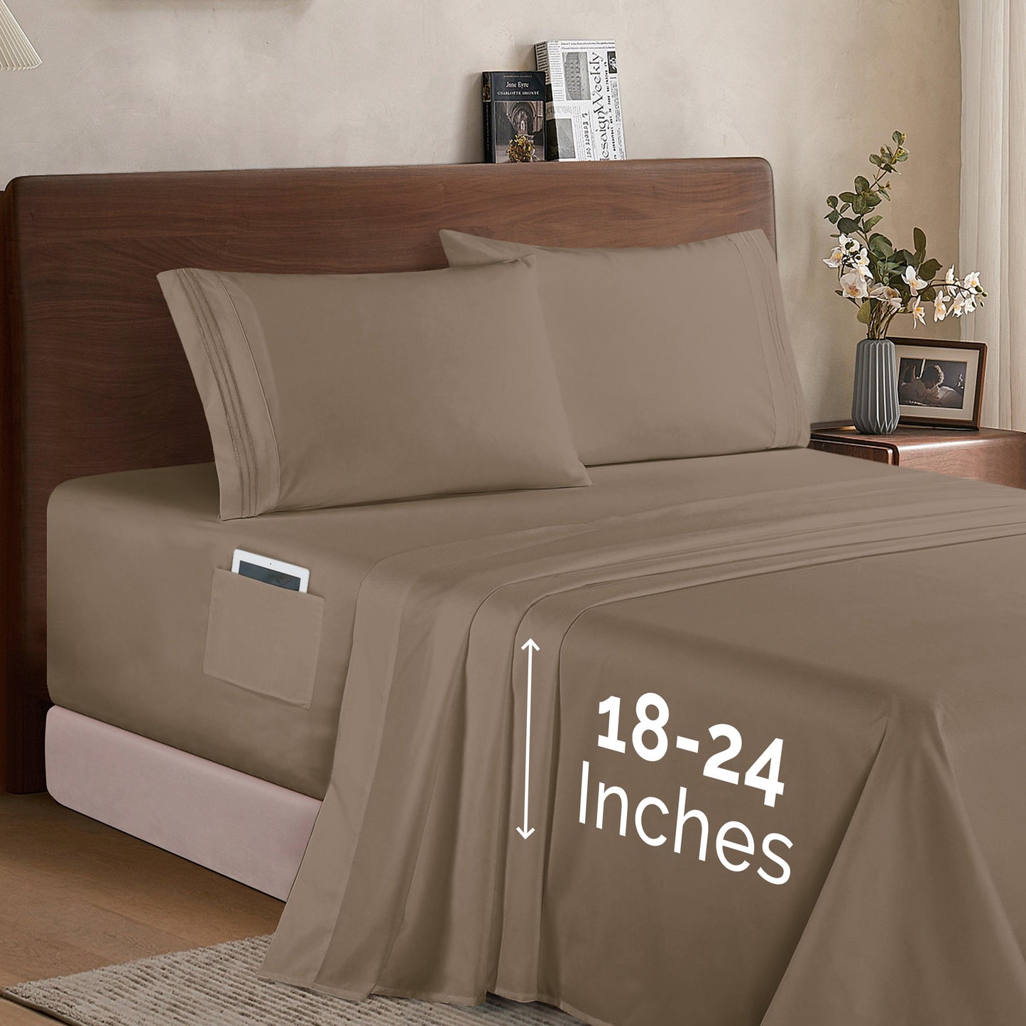 Elegant Comfort Extra deep 18-24 Inch Pocket 3 Line Embroidery, 4-Piece Sheet Set, Moody Shades