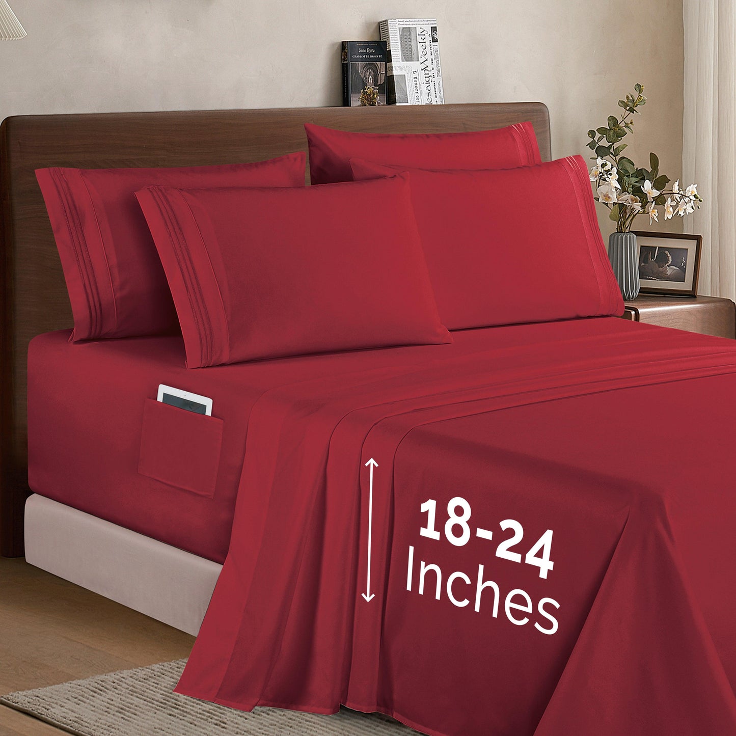 Elegant Comfort Extra deep 18-24 Inch Pocket 3 Line Embroidery, 6-Piece Sheet Set, Moody Shades