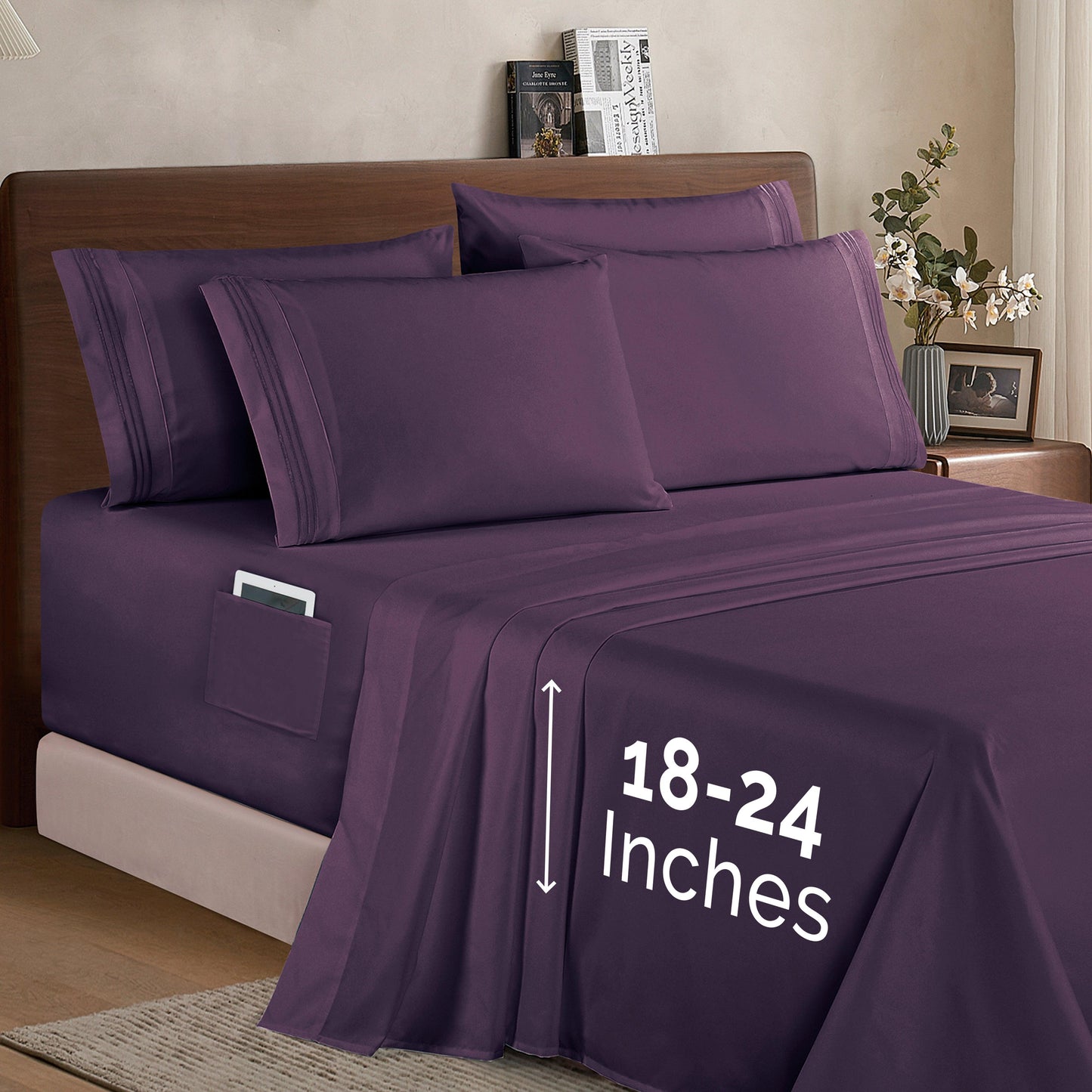Elegant Comfort Extra deep 18-24 Inch Pocket 3 Line Embroidery, 6-Piece Sheet Set, Moody Shades