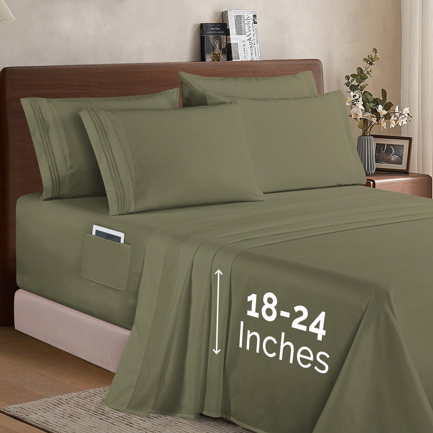 Elegant Comfort Extra deep 18-24 Inch Pocket 3 Line Embroidery, 6-Piece Sheet Set, Moody Shades