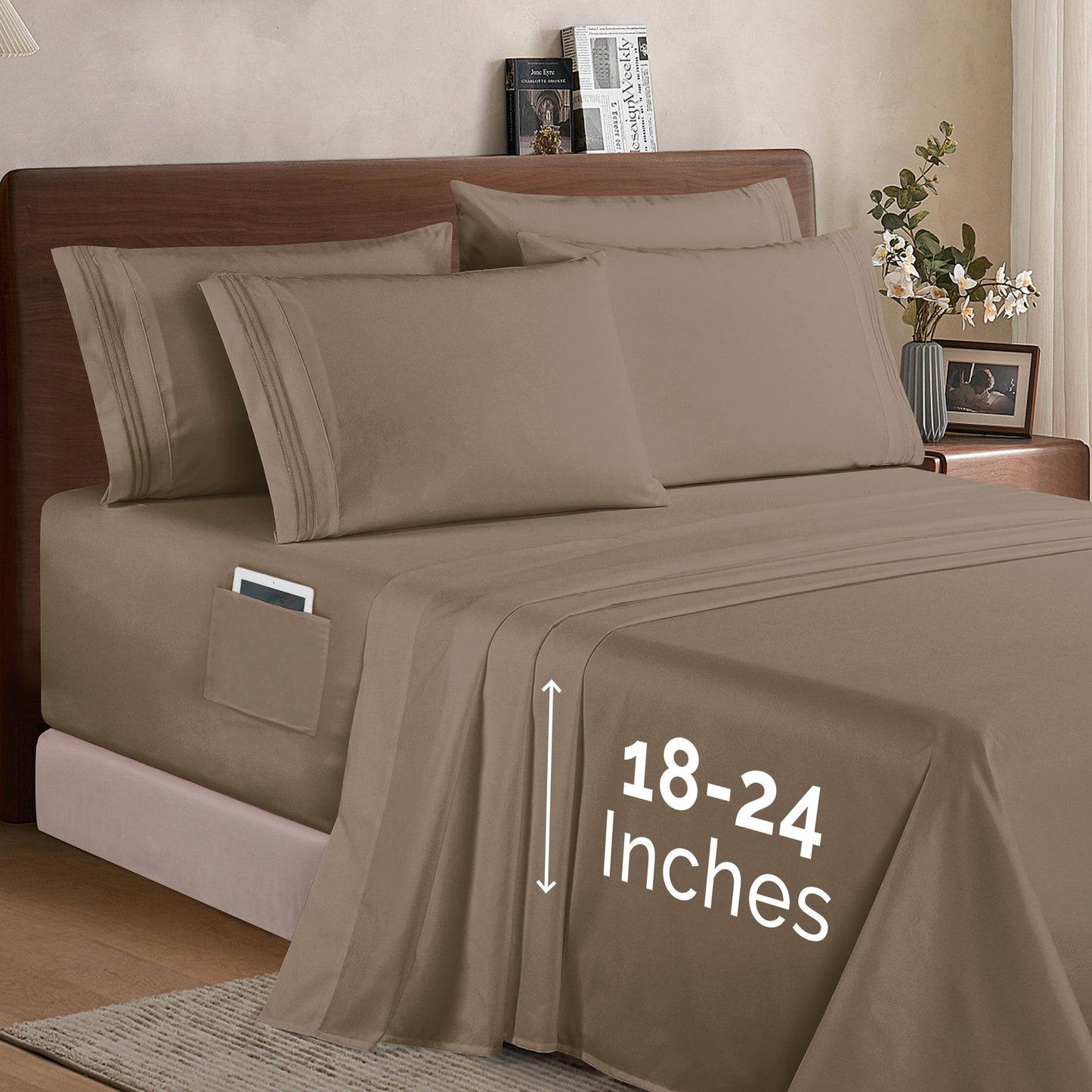 Elegant Comfort Extra deep 18-24 Inch Pocket 3 Line Embroidery, 6-Piece Sheet Set, Moody Shades