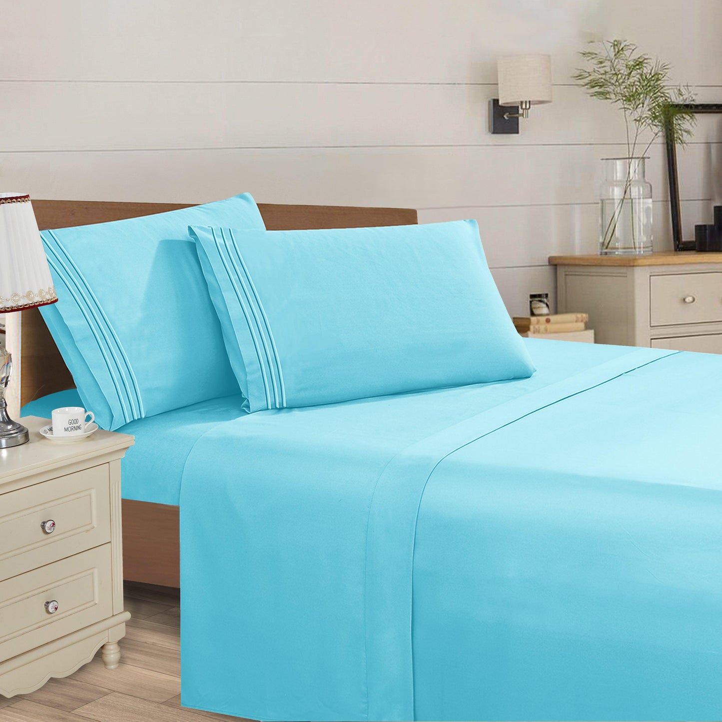 Elegant Comfort Essential Solid 3 Line Embroidery - Soft as a Hotel Premium Quality, 4-Piece Sheet Set, Bright Shades
