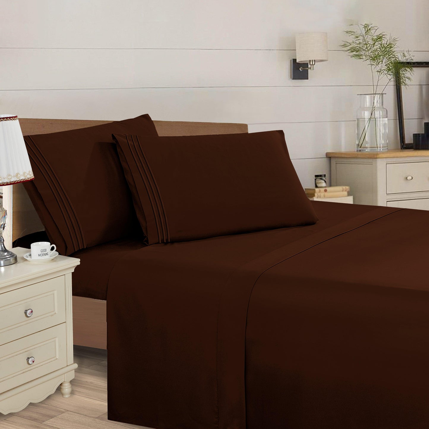 Elegant Comfort Essential 4-Piece 3-Line Embroidery Sheet Set, Soft as a Hotel Premium Quality, Moody Shades
