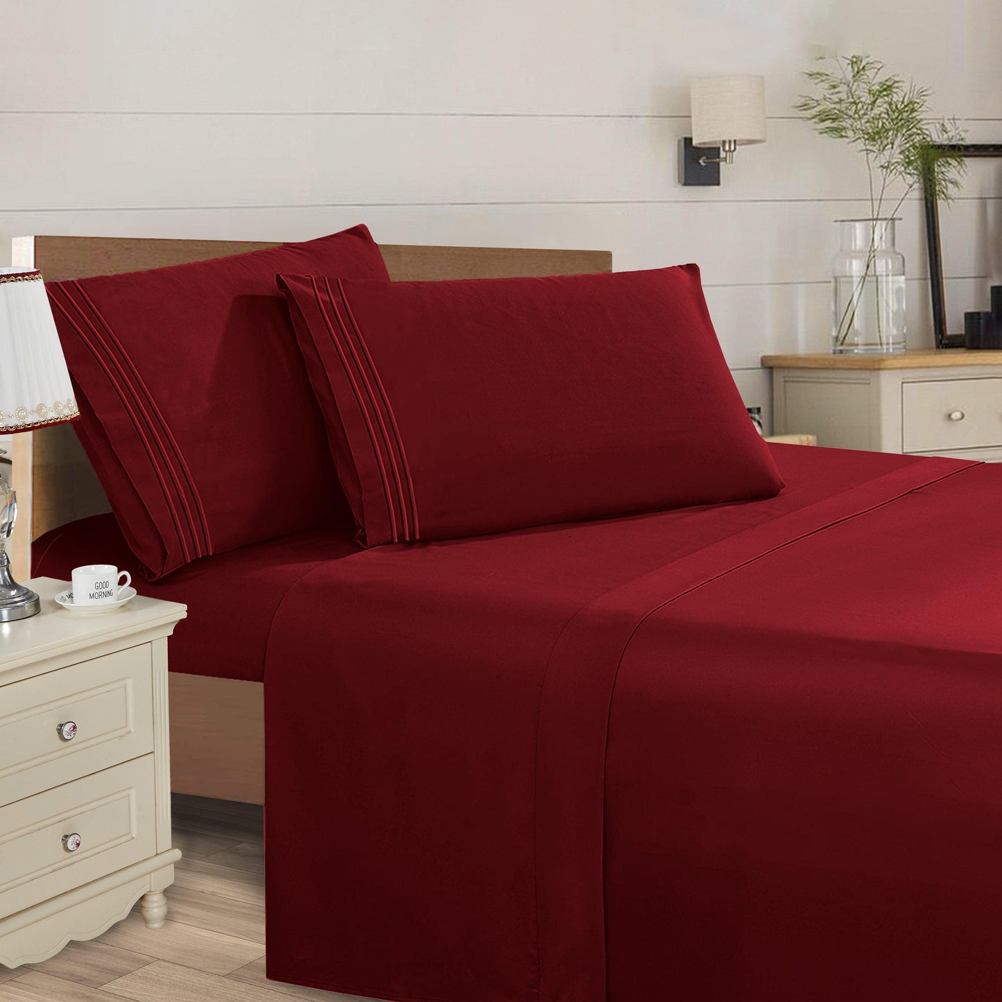 Elegant Comfort Essential 4-Piece 3-Line Embroidery Sheet Set, Soft as a Hotel Premium Quality, Moody Shades