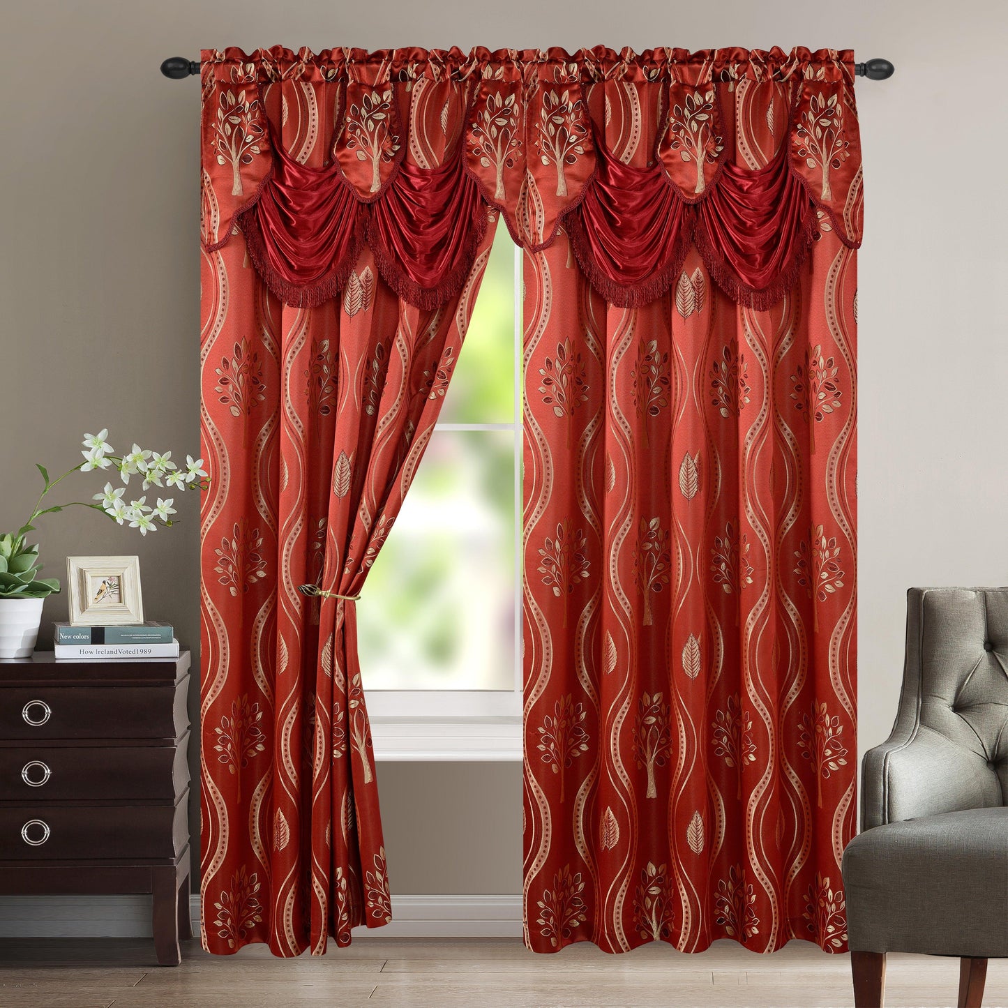Elegant Comfort Set of 2 Aurora Curtain Panels- Attached Valance - Rod Pocket- 54" W x 84" L