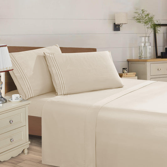 Elegant Comfort Essential Solid 3 Line Embroidery - Soft as a Hotel Premium Quality, 4-Piece Sheet Set, Bright Shades
