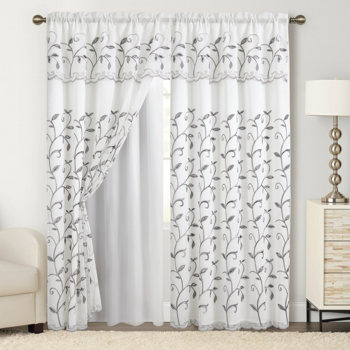 Elegant Comfort Set of 2 Lucia Curtain Panels - Attached Valance - 54" W x 84" L