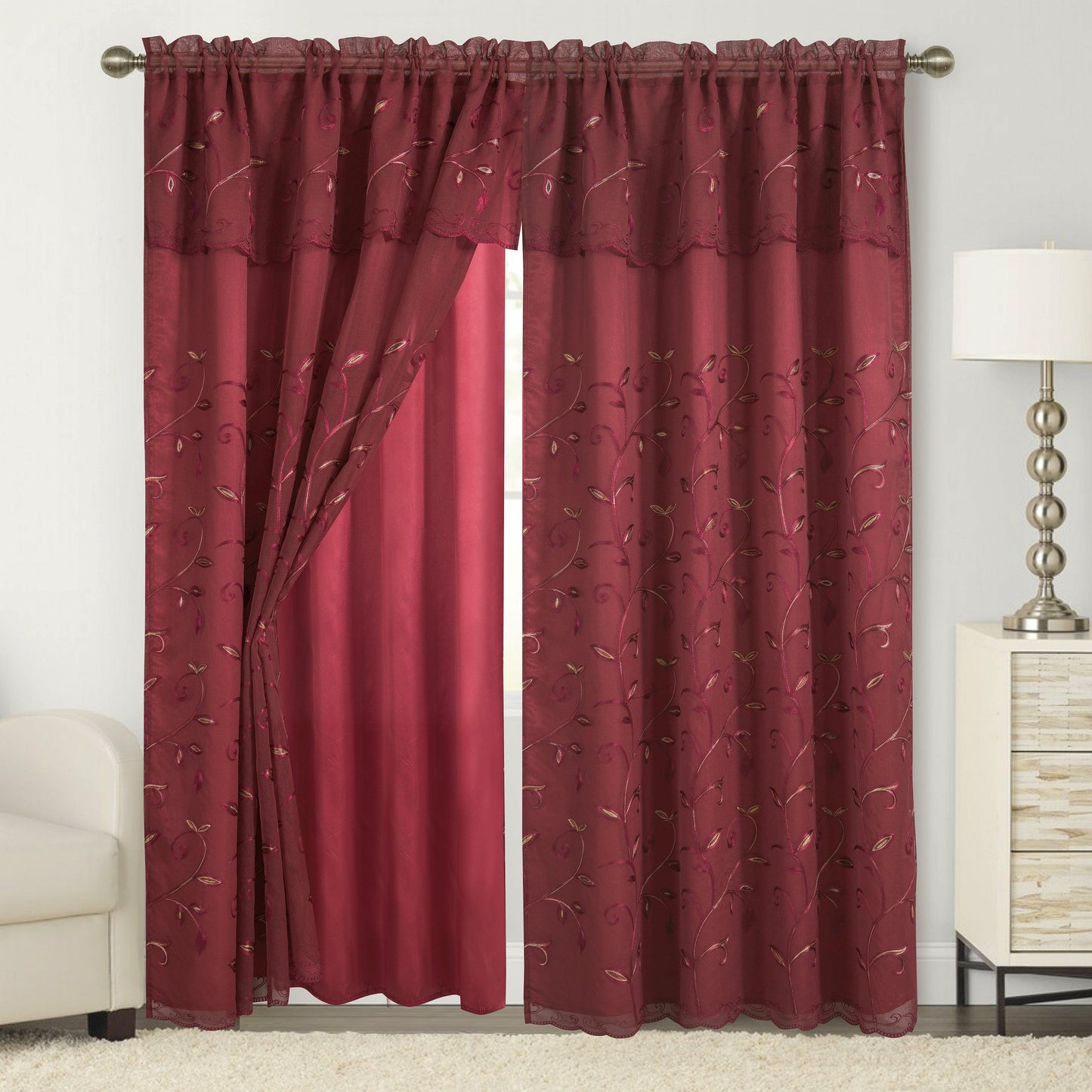 Elegant Comfort Set of 2 Lucia Curtain Panels - Attached Valance - 54" W x 84" L