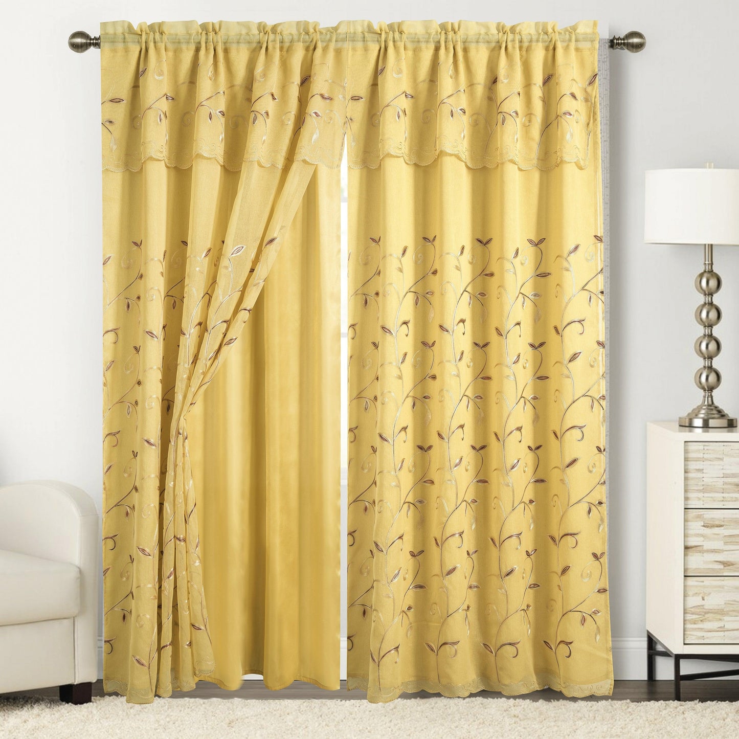 Elegant Comfort Set of 2 Lucia Curtain Panels - Attached Valance - 54" W x 84" L
