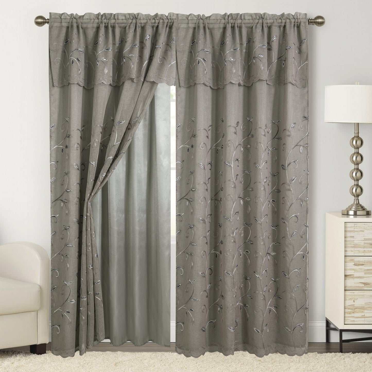 Elegant Comfort Set of 2 Lucia Curtain Panels - Attached Valance - 54" W x 84" L