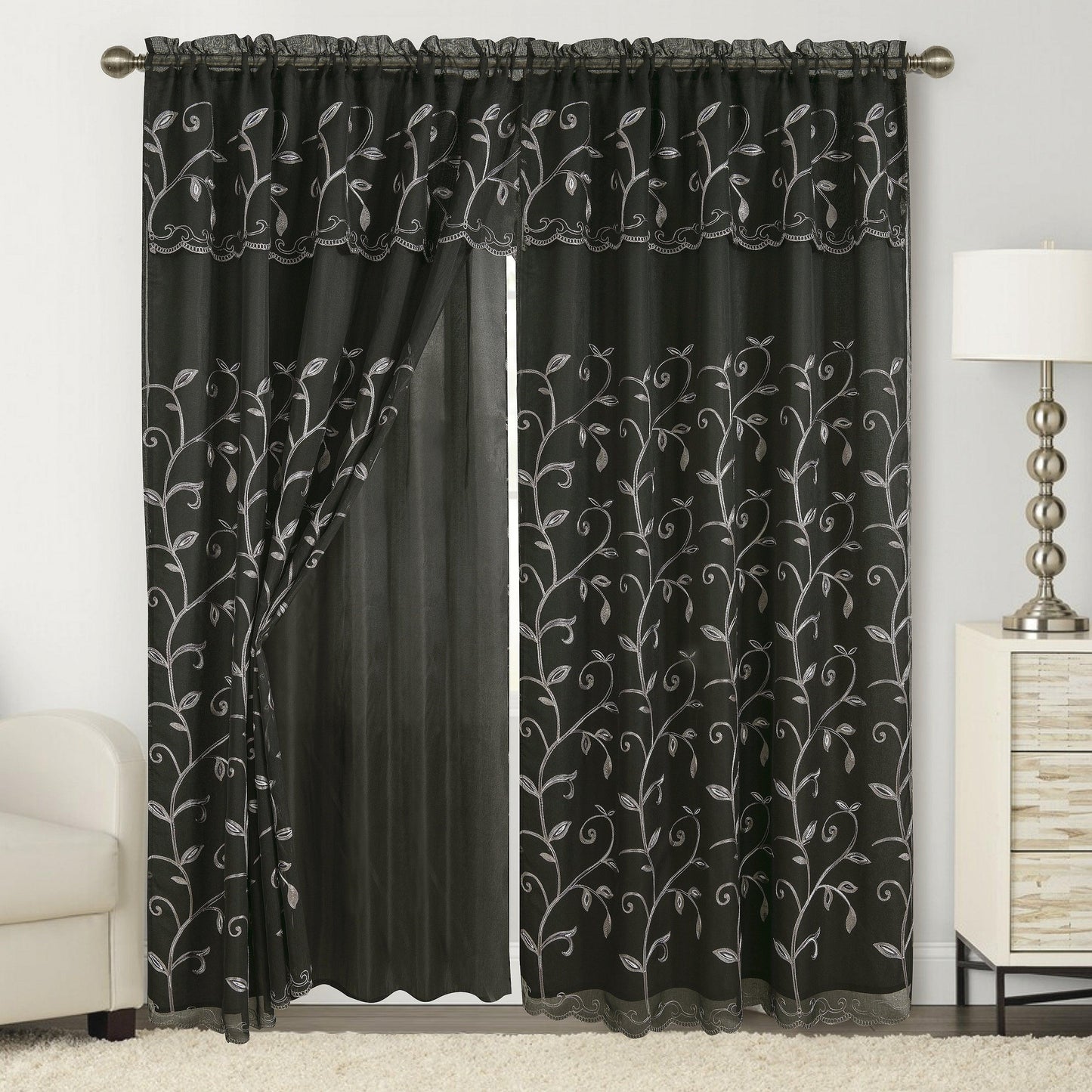 Elegant Comfort Set of 2 Lucia Curtain Panels - Attached Valance - 54" W x 84" L