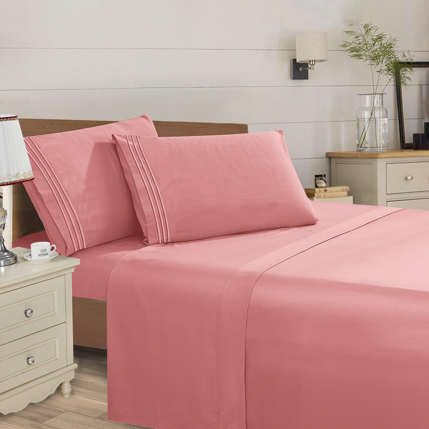 Elegant Comfort Essential Solid 3 Line Embroidery - Soft as a Hotel Premium Quality, 4-Piece Sheet Set, Bright Shades