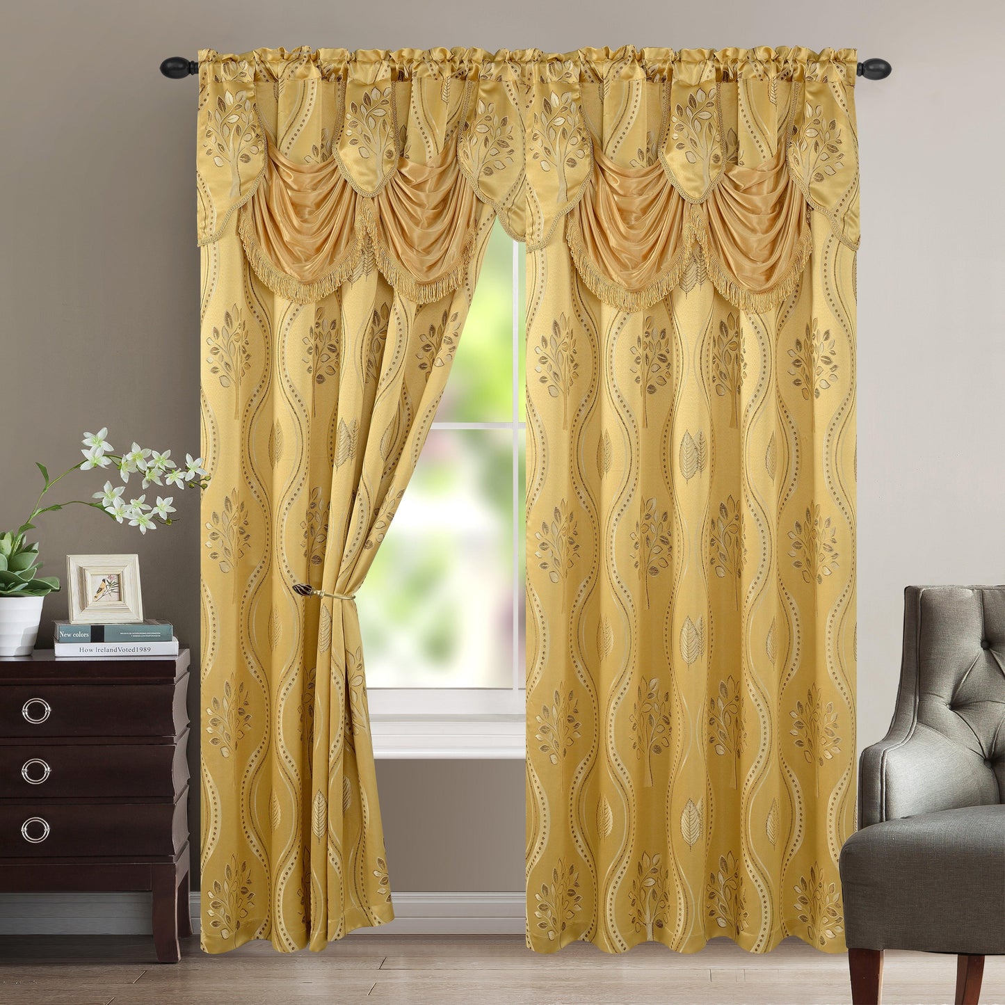 Elegant Comfort Set of 2 Aurora Curtain Panels- Attached Valance - Rod Pocket- 54" W x 84" L