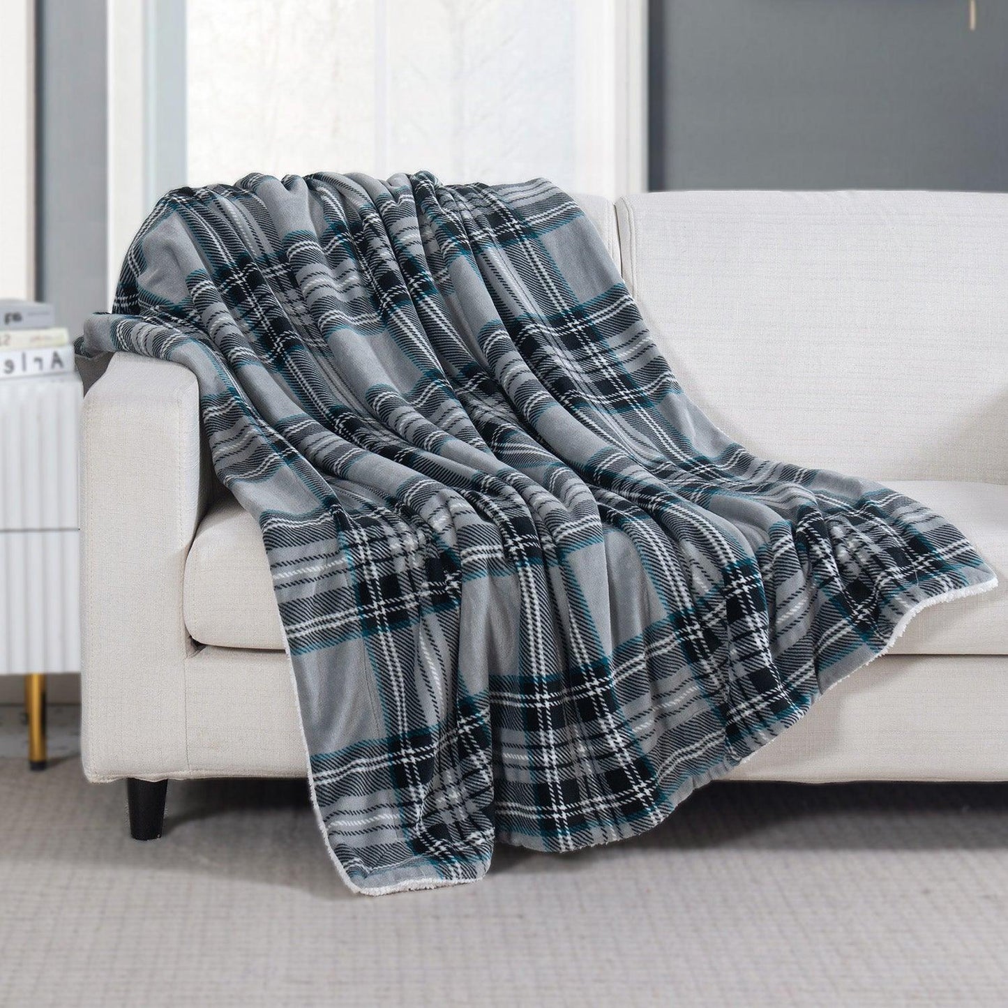 Elegant Comfort Plaid Sherpa Throw 50" x 60" Flannel Fleece Sherpa Back Plaid Pattern Throw Blankets