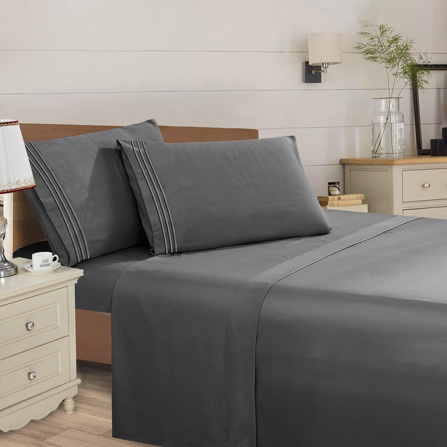 Elegant Comfort Essential 4-Piece 3-Line Embroidery Sheet Set, Soft as a Hotel Premium Quality, Moody Shades