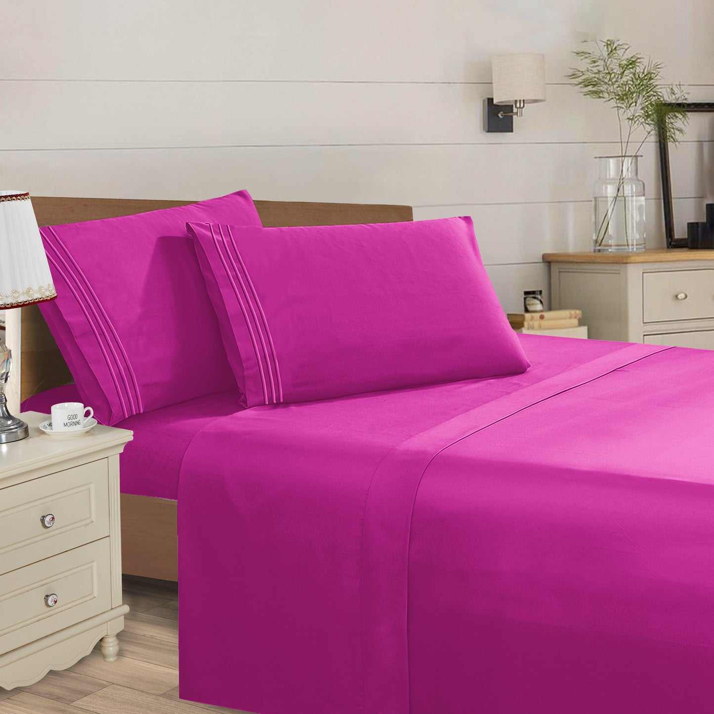 Elegant Comfort Essential Solid 3 Line Embroidery - Soft as a Hotel Premium Quality, 4-Piece Sheet Set, Bright Shades