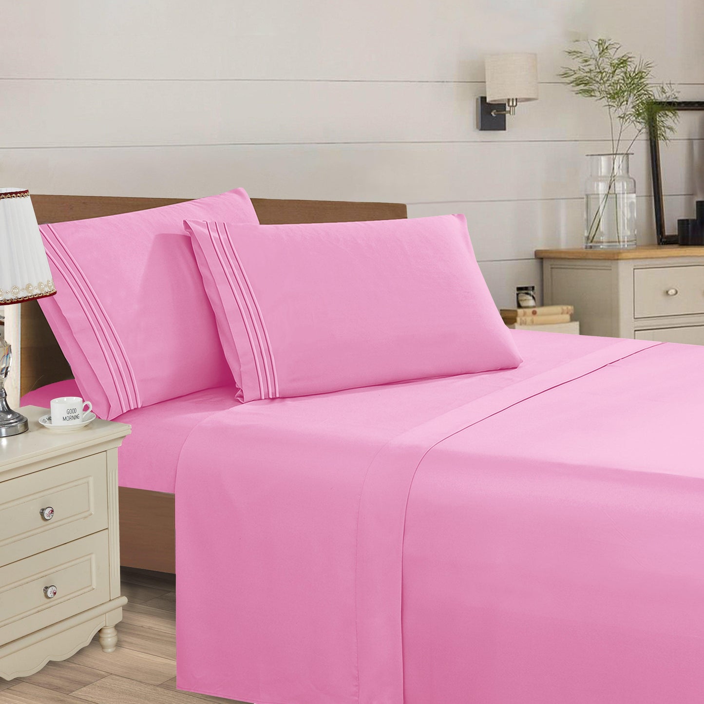 Elegant Comfort Essential Solid 3 Line Embroidery - Soft as a Hotel Premium Quality, 4-Piece Sheet Set, Bright Shades
