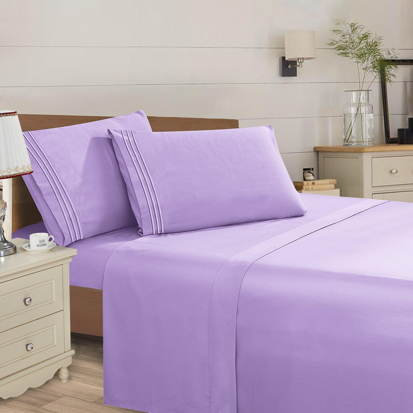 Elegant Comfort Essential Solid 3 Line Embroidery - Soft as a Hotel Premium Quality, 4-Piece Sheet Set, Bright Shades