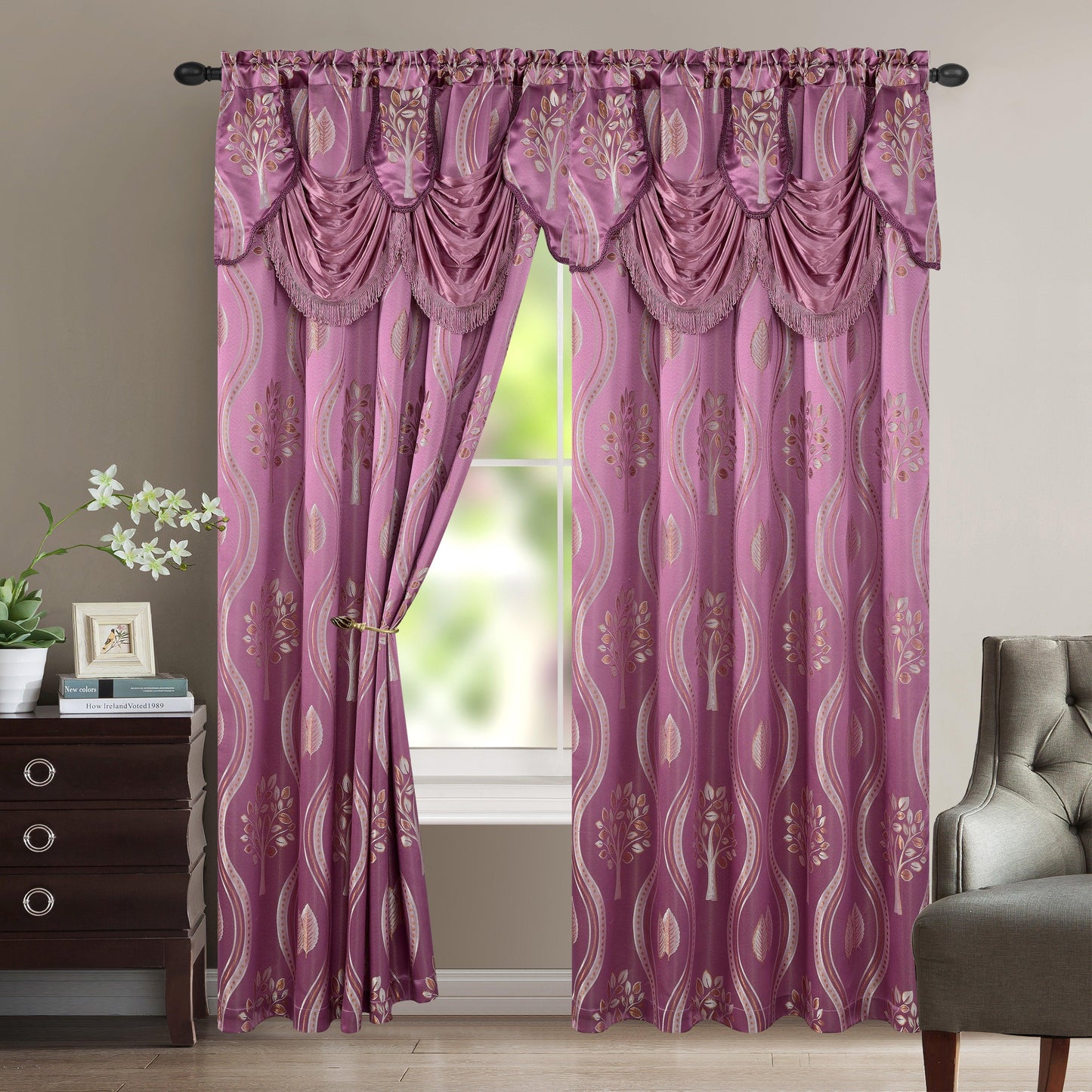 Elegant Comfort Set of 2 Aurora Curtain Panels- Attached Valance - Rod Pocket- 54" W x 84" L