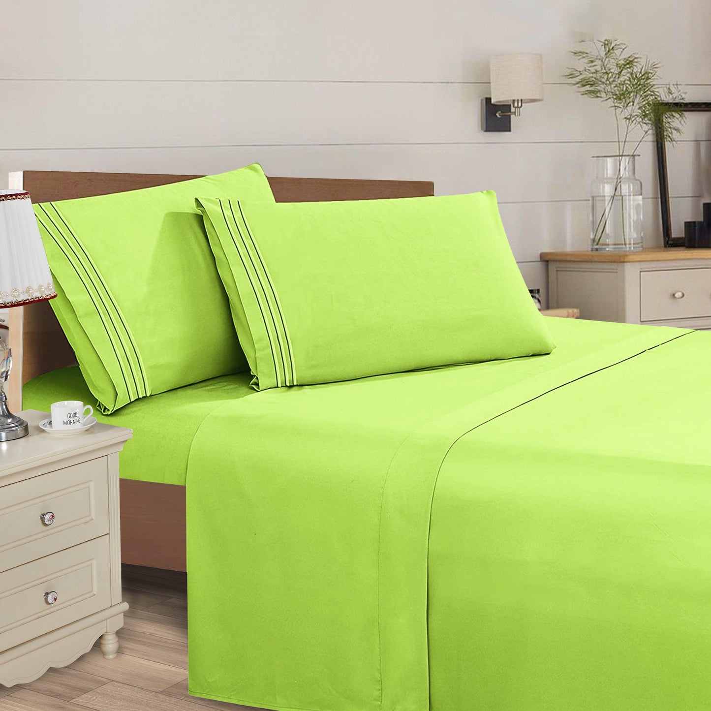 Elegant Comfort Essential Solid 3 Line Embroidery - Soft as a Hotel Premium Quality, 4-Piece Sheet Set, Bright Shades