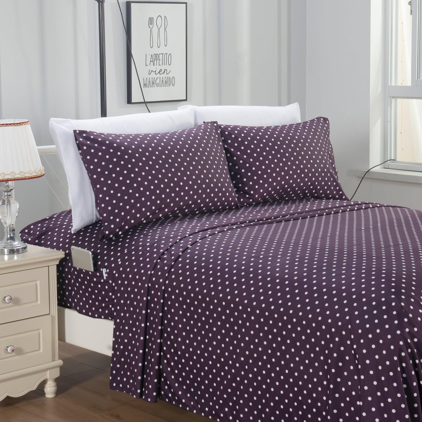 Elegant Comfort 6-Piece Polka Dot Printed Sheet Set - Soft as a Hotel Premium Quality