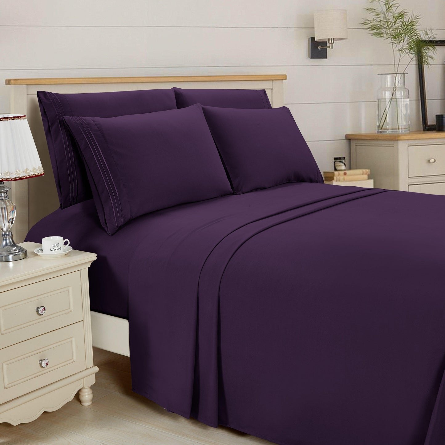 Elegant Comfort Essential 6-Piece 3-Line Embroidery Sheet Set, Soft as a Hotel Premium Quality,  Moody Shades