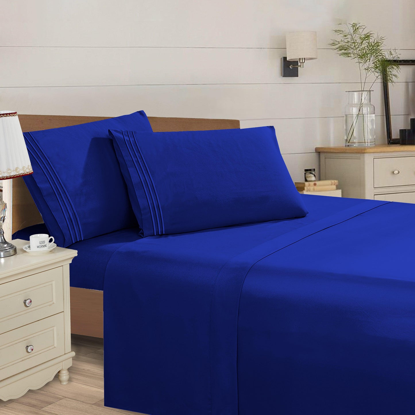 Elegant Comfort Essential Solid 3 Line Embroidery - Soft as a Hotel Premium Quality, 4-Piece Sheet Set, Bright Shades