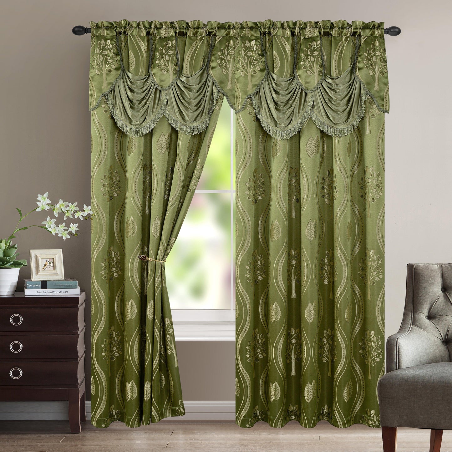 Elegant Comfort Set of 2 Aurora Curtain Panels- Attached Valance - Rod Pocket- 54" W x 84" L