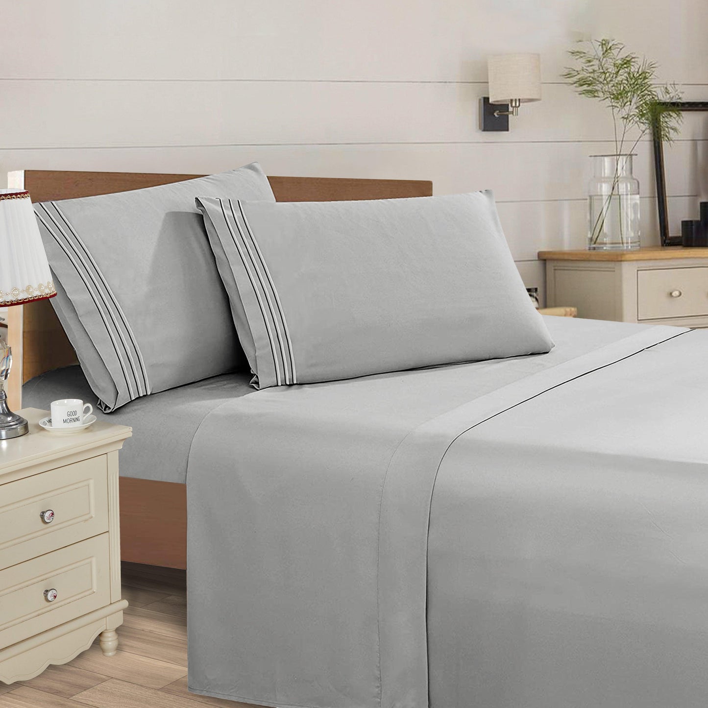 Elegant Comfort Essential Solid 3 Line Embroidery - Soft as a Hotel Premium Quality, 4-Piece Sheet Set, Bright Shades