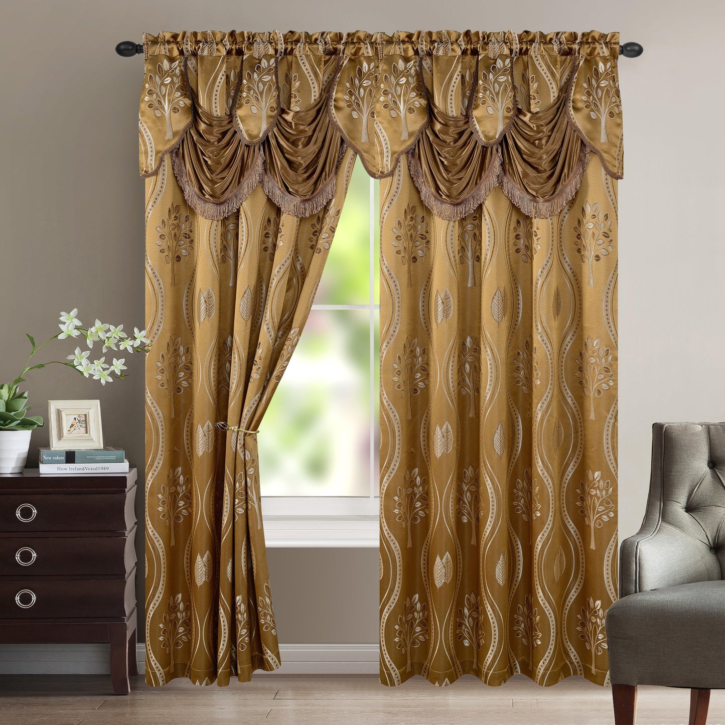 Elegant Comfort Set of 2 Aurora Curtain Panels- Attached Valance - Rod Pocket- 54" W x 84" L