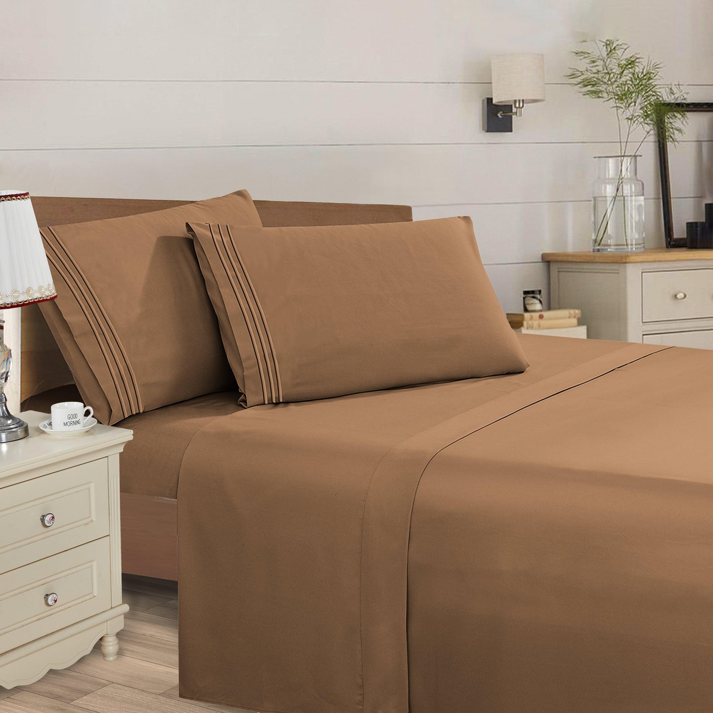 Elegant Comfort Essential 4-Piece 3-Line Embroidery Sheet Set, Soft as a Hotel Premium Quality, Moody Shades