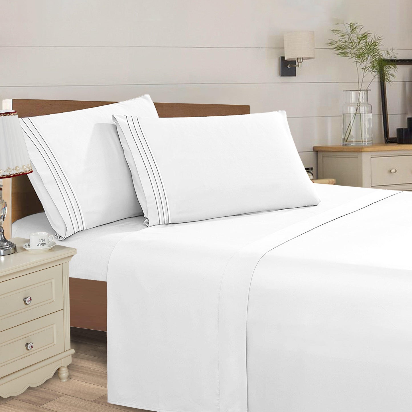 Elegant Comfort Essential Solid 3 Line Embroidery - Soft as a Hotel Premium Quality, 4-Piece Sheet Set, Bright Shades