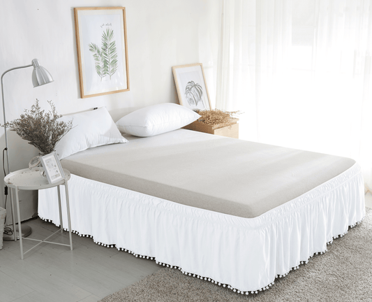 Elegant Comfort Top-Knot Tassel Pompom Fringe Ruffle Bed Skirt - Around Style Elastic Bed Wrap - 16 inch Drop