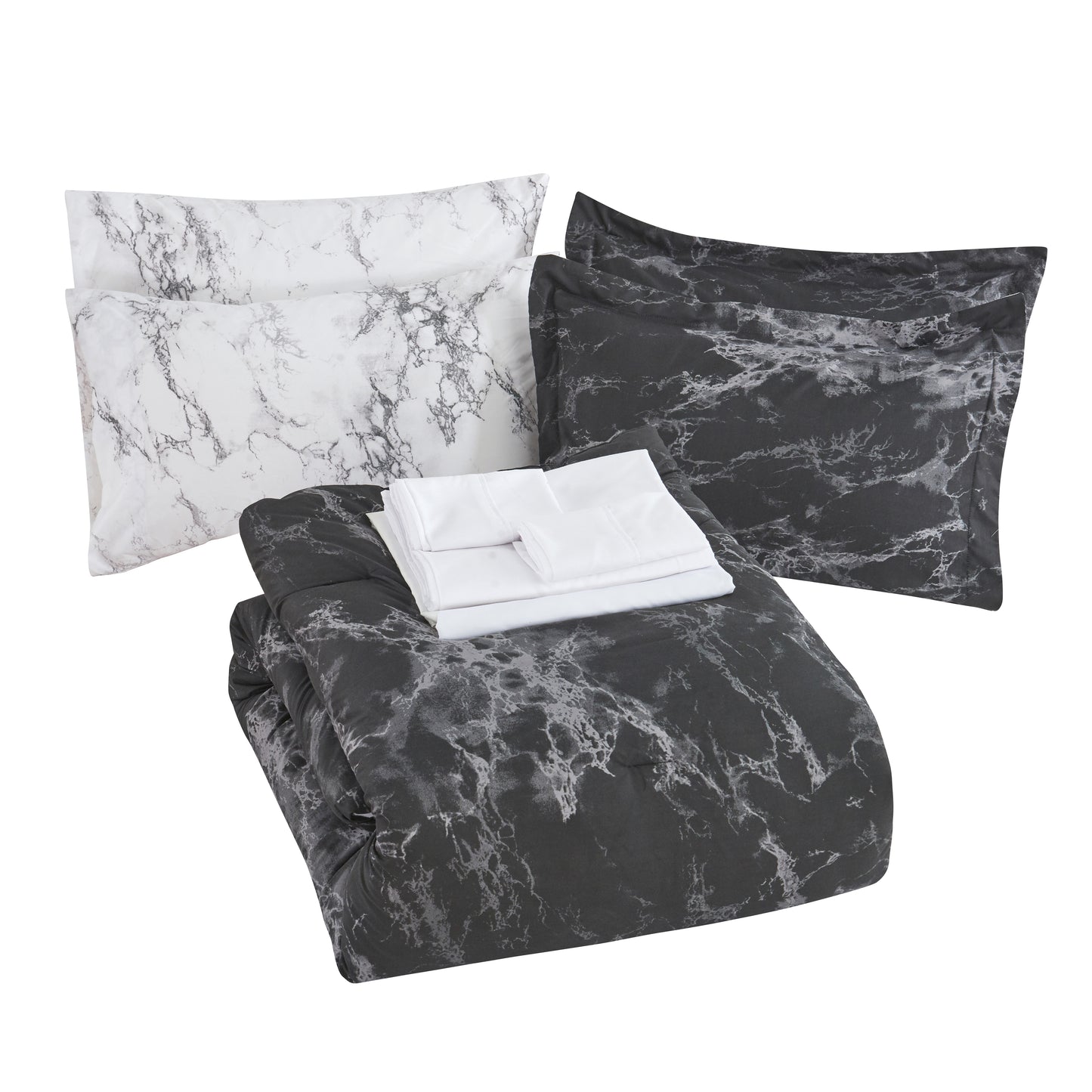 Elegant Comfort Reversible 10-Piece Marble Print Comforter Set, Includes 6-Piece Sheet Set with Double Sided Storage Pockets