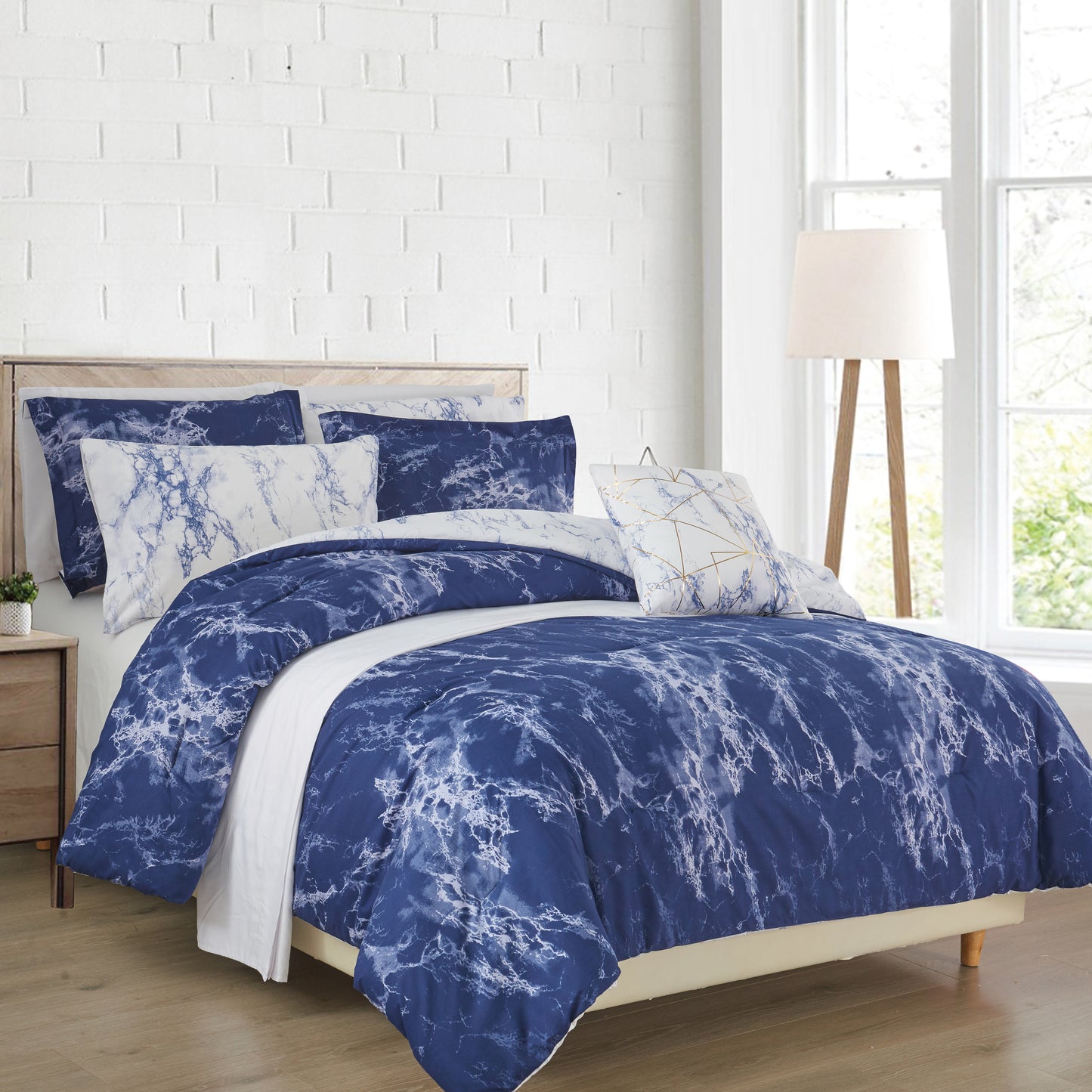 Elegant Comfort Reversible 10-Piece Marble Print Comforter Set, Includes 6-Piece Sheet Set with Double Sided Storage Pockets