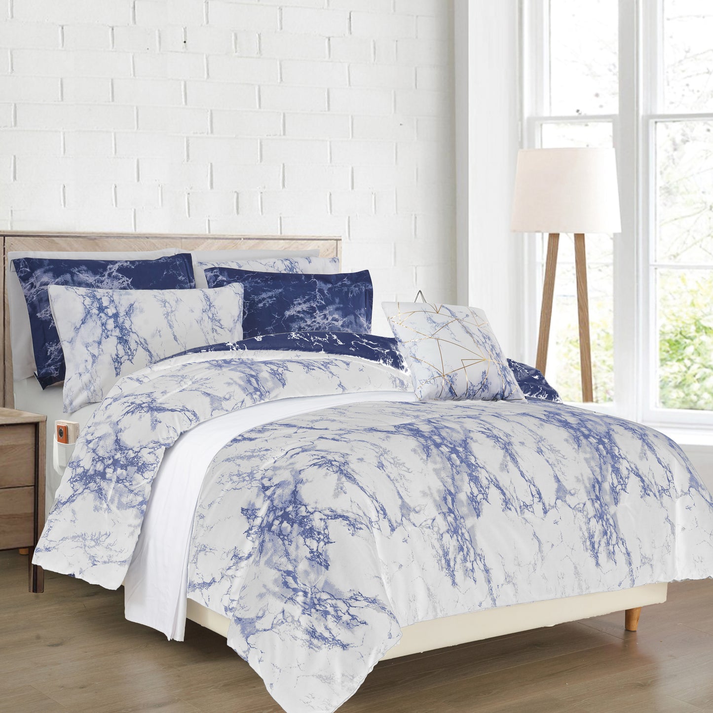 Elegant Comfort Reversible 10-Piece Marble Print Comforter Set, Includes 6-Piece Sheet Set with Double Sided Storage Pockets