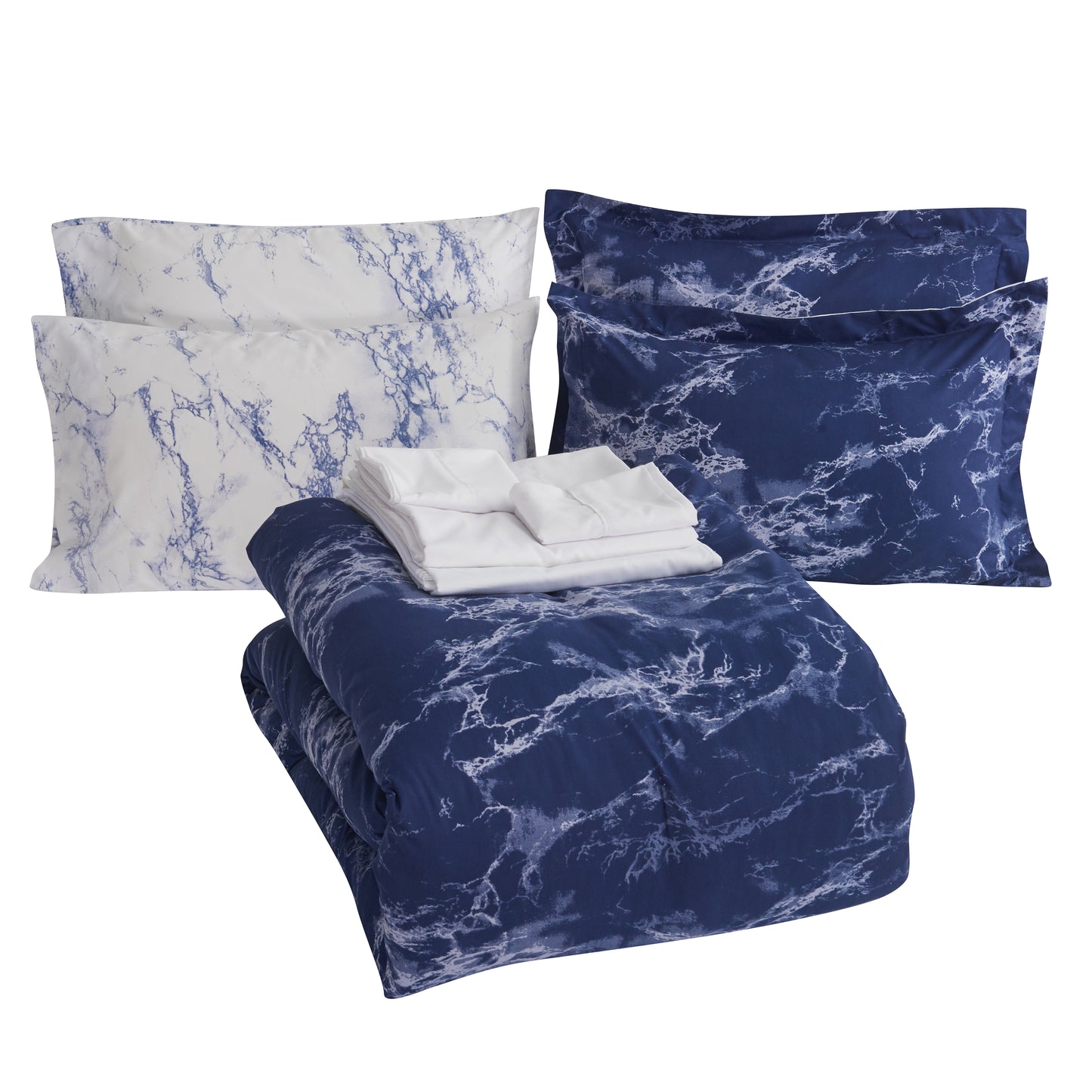 Elegant Comfort Reversible 10-Piece Marble Print Comforter Set, Includes 6-Piece Sheet Set with Double Sided Storage Pockets