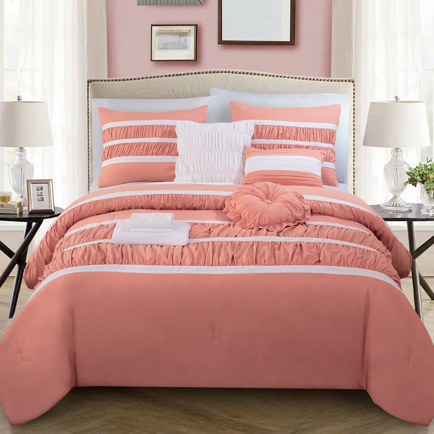 Elegant Comfort 12-Piece Isabella Pleated Ruched Ruffled Comforter Set, Includes 6-Piece Sheet Set with Double Sided Storage Pockets