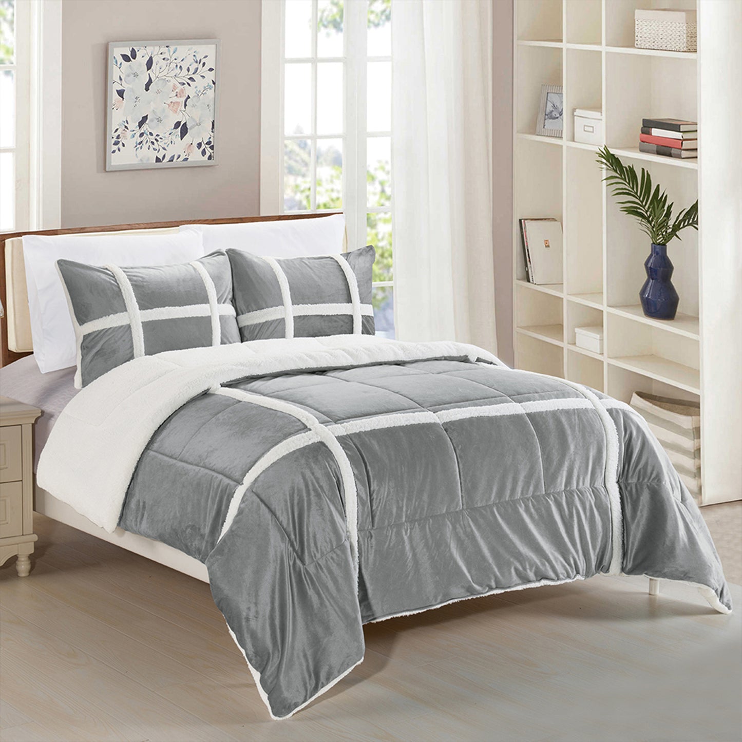Elegant Comfort 3-Piece Stripe Micro-Suede Reversible Sherpa - Comforter Set