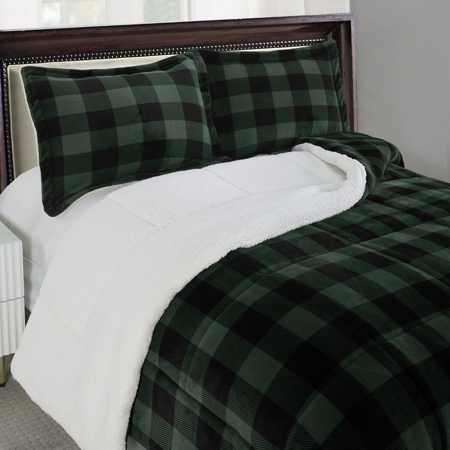 Elegant Comfort 3-Piece Buffalo Micro-Suede Reversible Sherpa - Lodge-Plaid Pattern Comforter Set