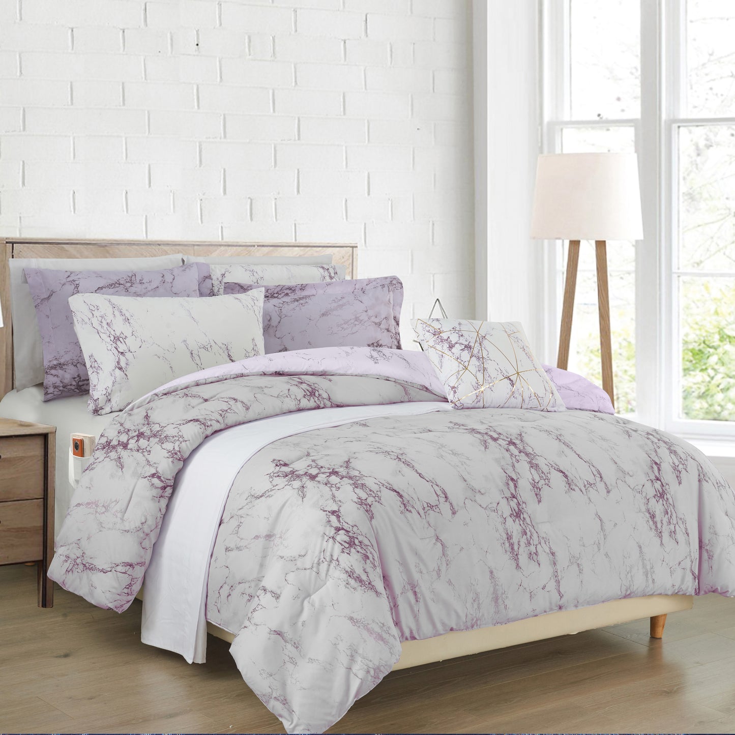 Reversible 10-Piece Marble Print Comforter Set, Includes 6-Piece Sheet Set with Double Sided Storage Pockets