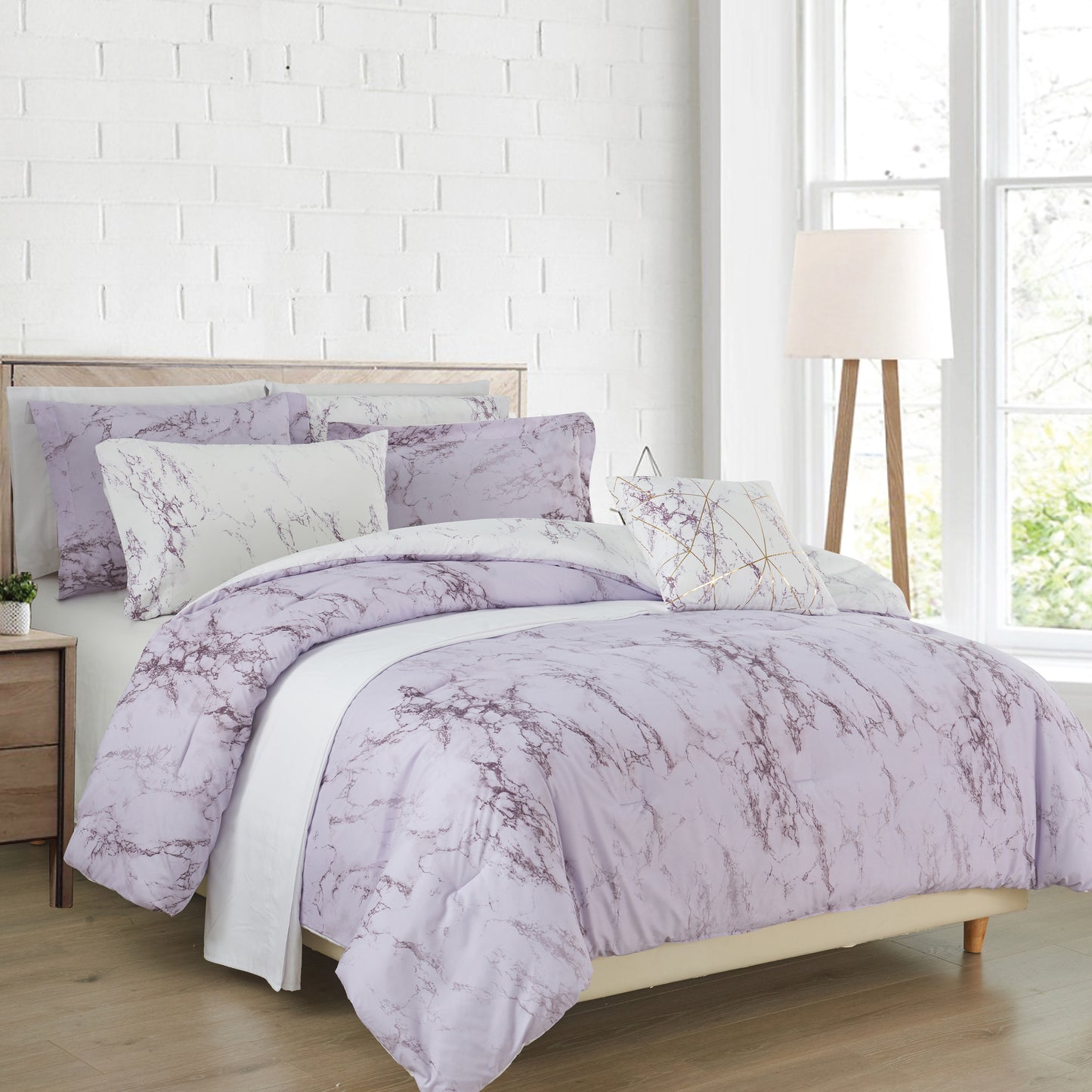 Elegant Comfort Reversible 10-Piece Marble Print Comforter Set, Includes 6-Piece Sheet Set with Double Sided Storage Pockets