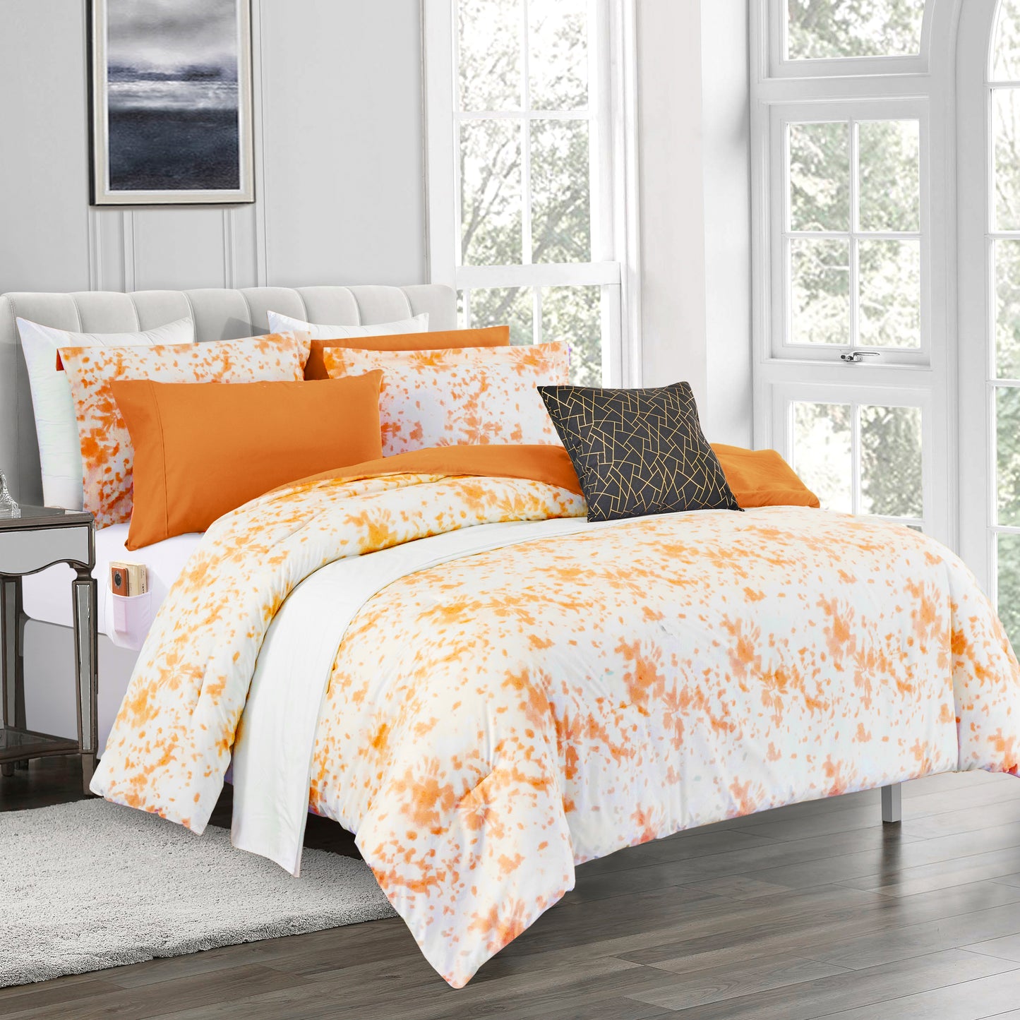Elegant Comfort 10-Piece Tie-Dye Comforter Set, Includes 6-Piece Sheet Set with Double Sided Storage Pockets