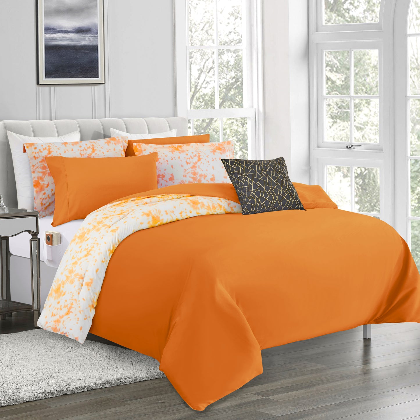 Elegant Comfort 10-Piece Tie-Dye Comforter Set, Includes 6-Piece Sheet Set with Double Sided Storage Pockets