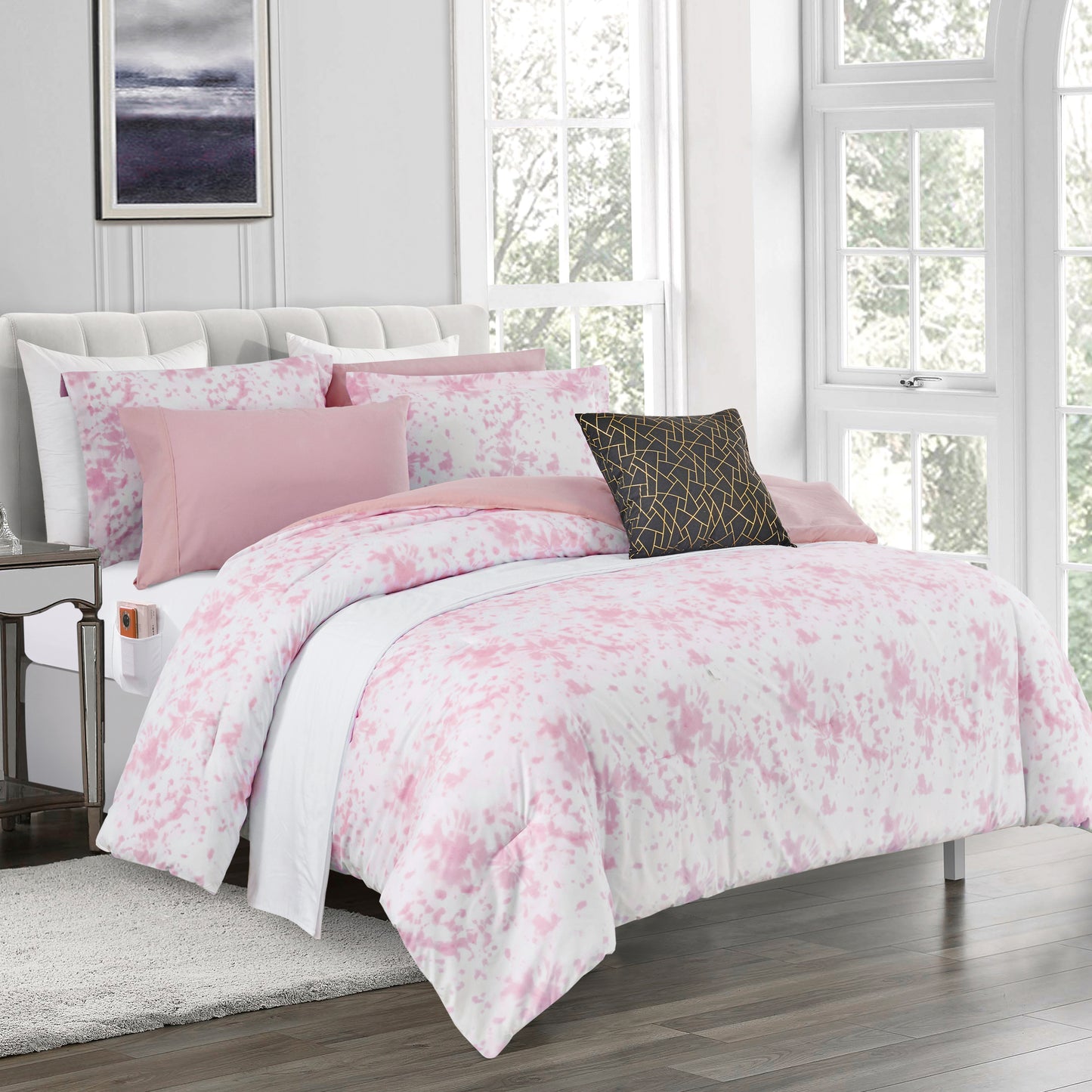 Elegant Comfort 10-Piece Tie-Dye Comforter Set, Includes 6-Piece Sheet Set with Double Sided Storage Pockets