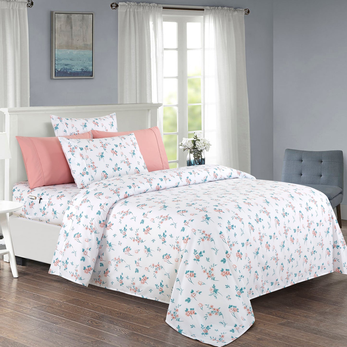 Elegant Comfort 6-Piece Floral and Stripe Pattern Sheet Set - Soft as a Hotel Premium Quality Bedding